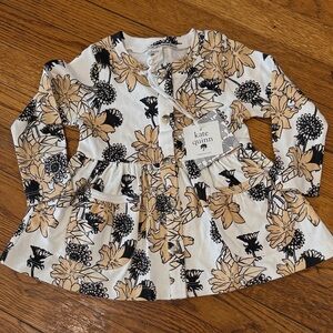 nwt Kate Quinn organic cotton button long sleeve Black cream Floral peplum top